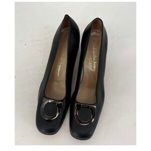 Vintage Ferragamo Black Leather Block Heel Pumps  Italy Women 9.5 B